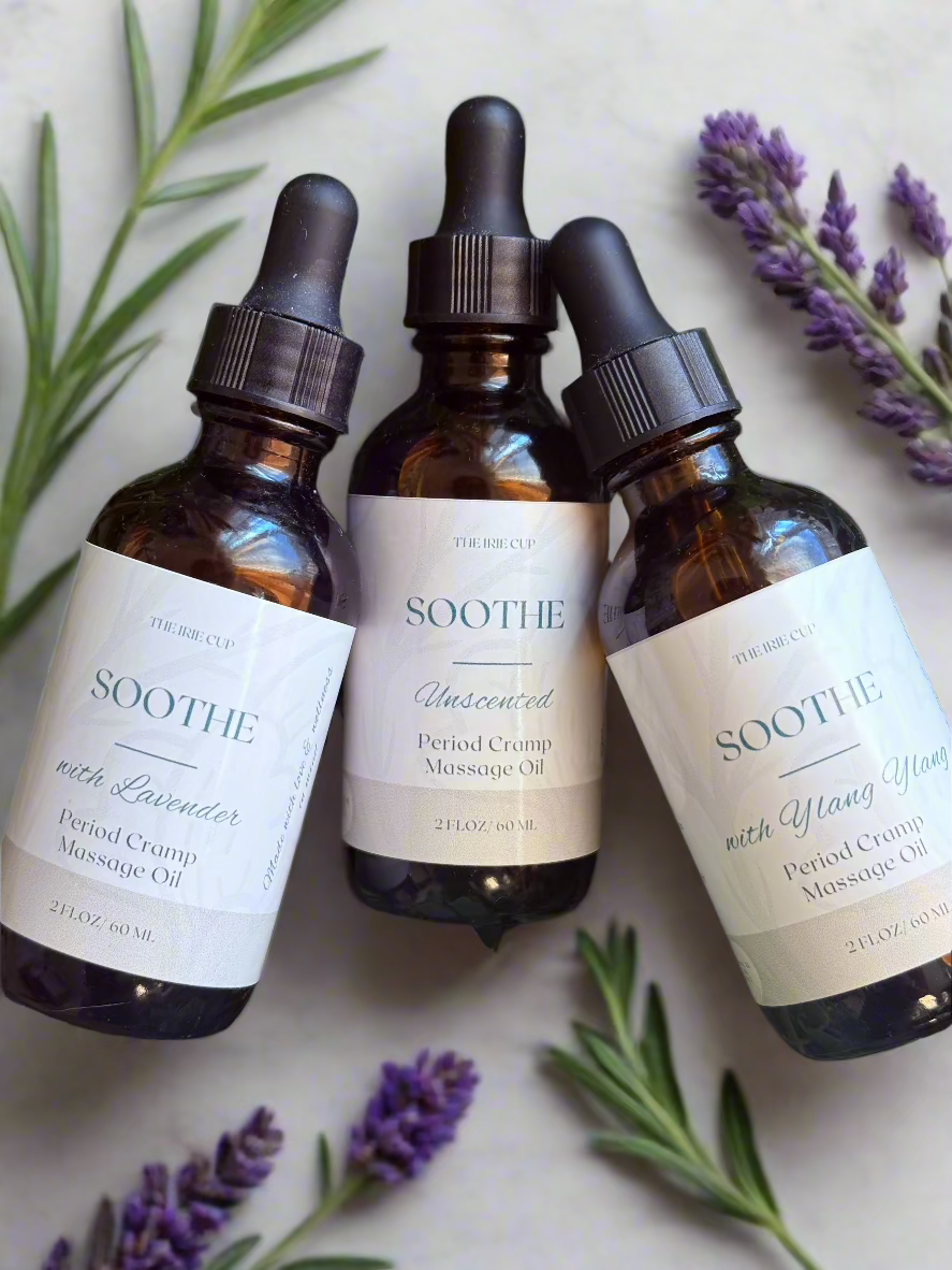Natural cramp oil with lavendar buds around it