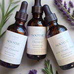 Natural cramp oil with lavendar buds around it