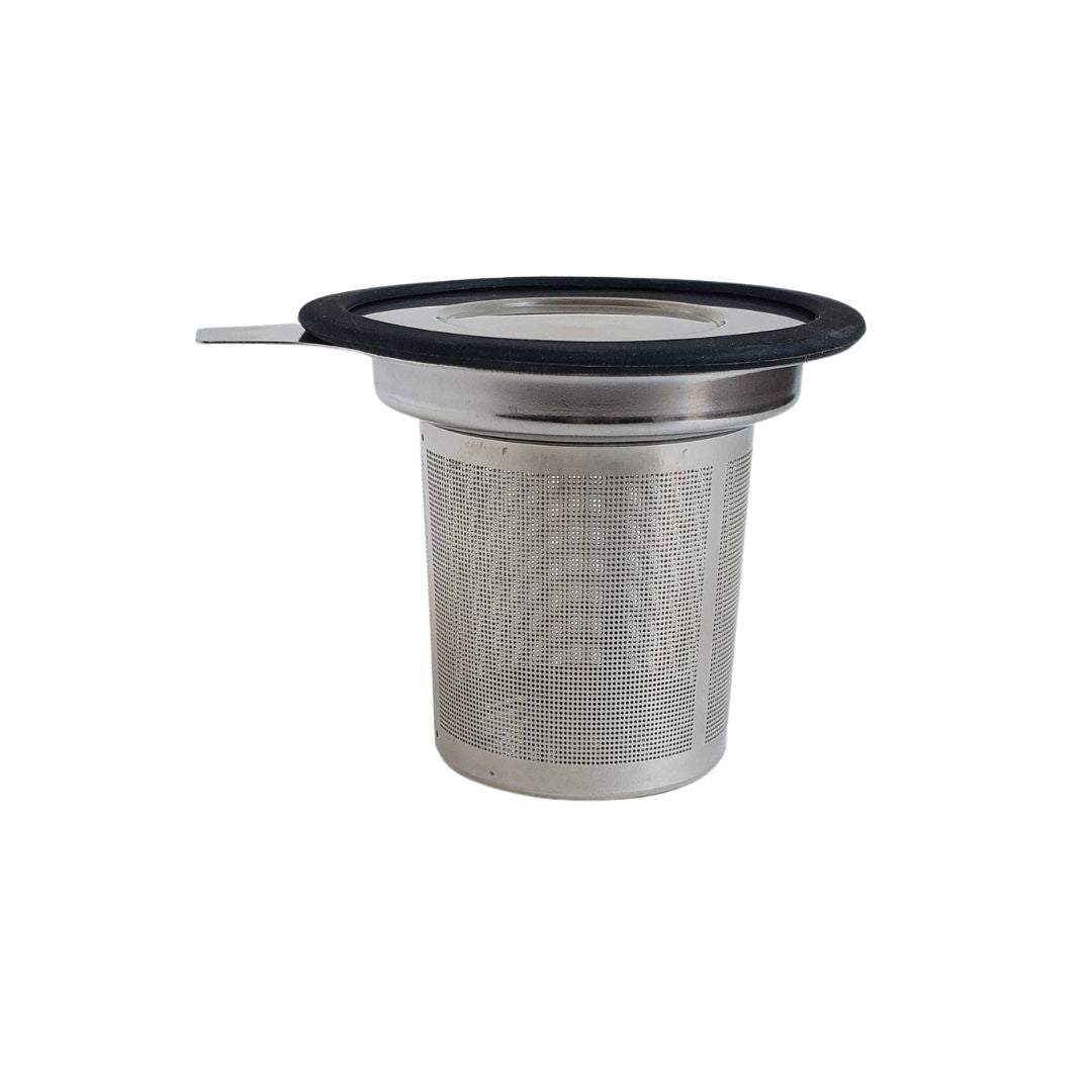 A stainless steel mesh infuser with a lid, designed for steeping loose leaf tea.