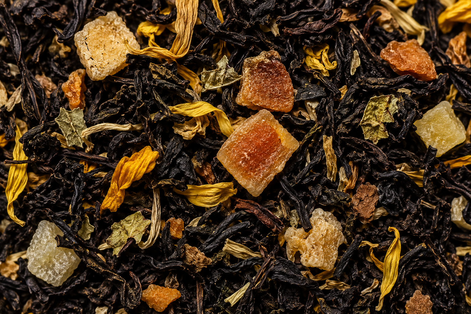 Close-up of black tea leaves with ginger pieces and dried herbs