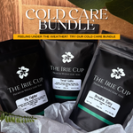 Cold care bundle with 'The Irie Cup' tea packages on a wooden surface.