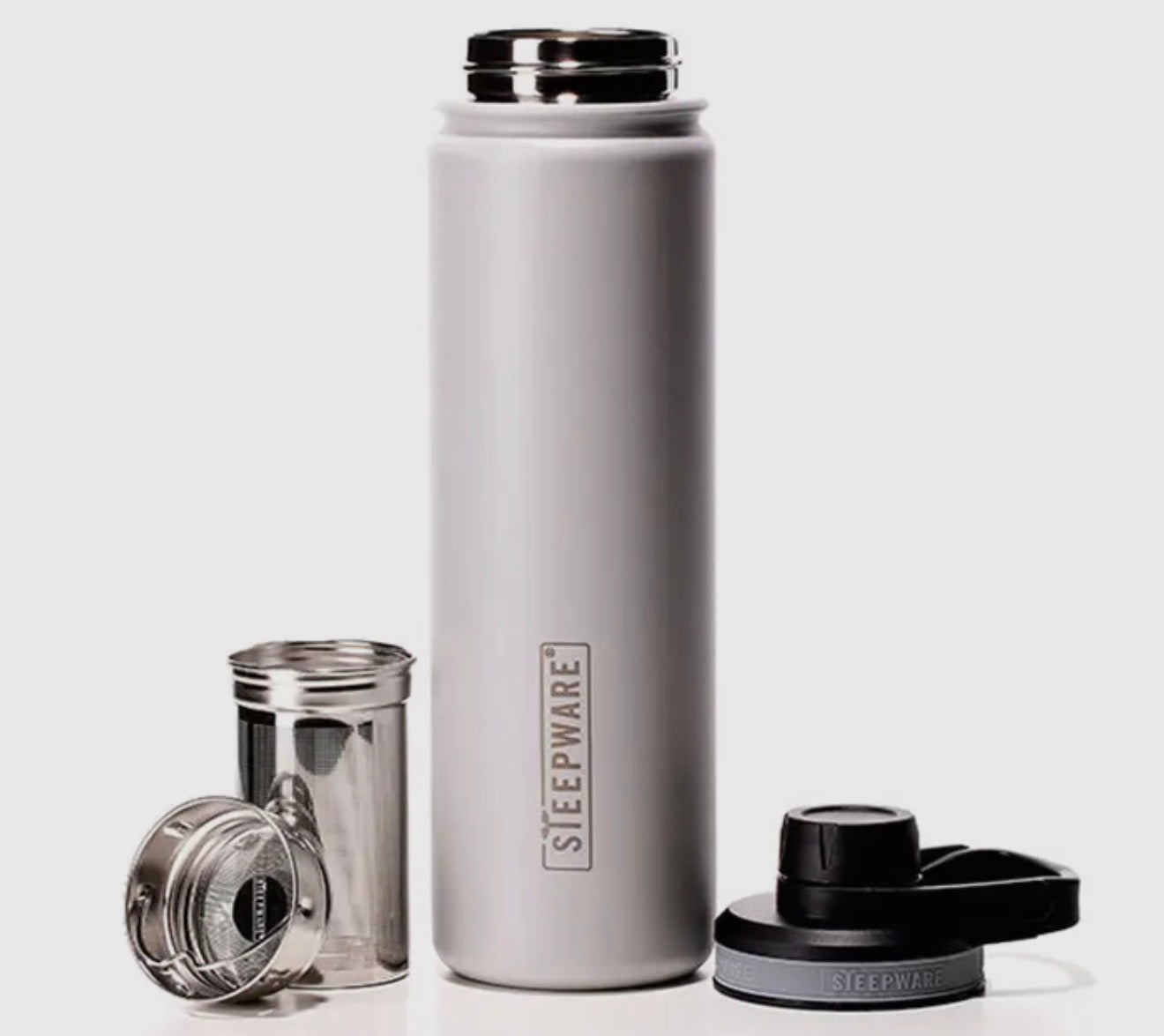 FOG insulated bottle with black lid and silver filter on a white background