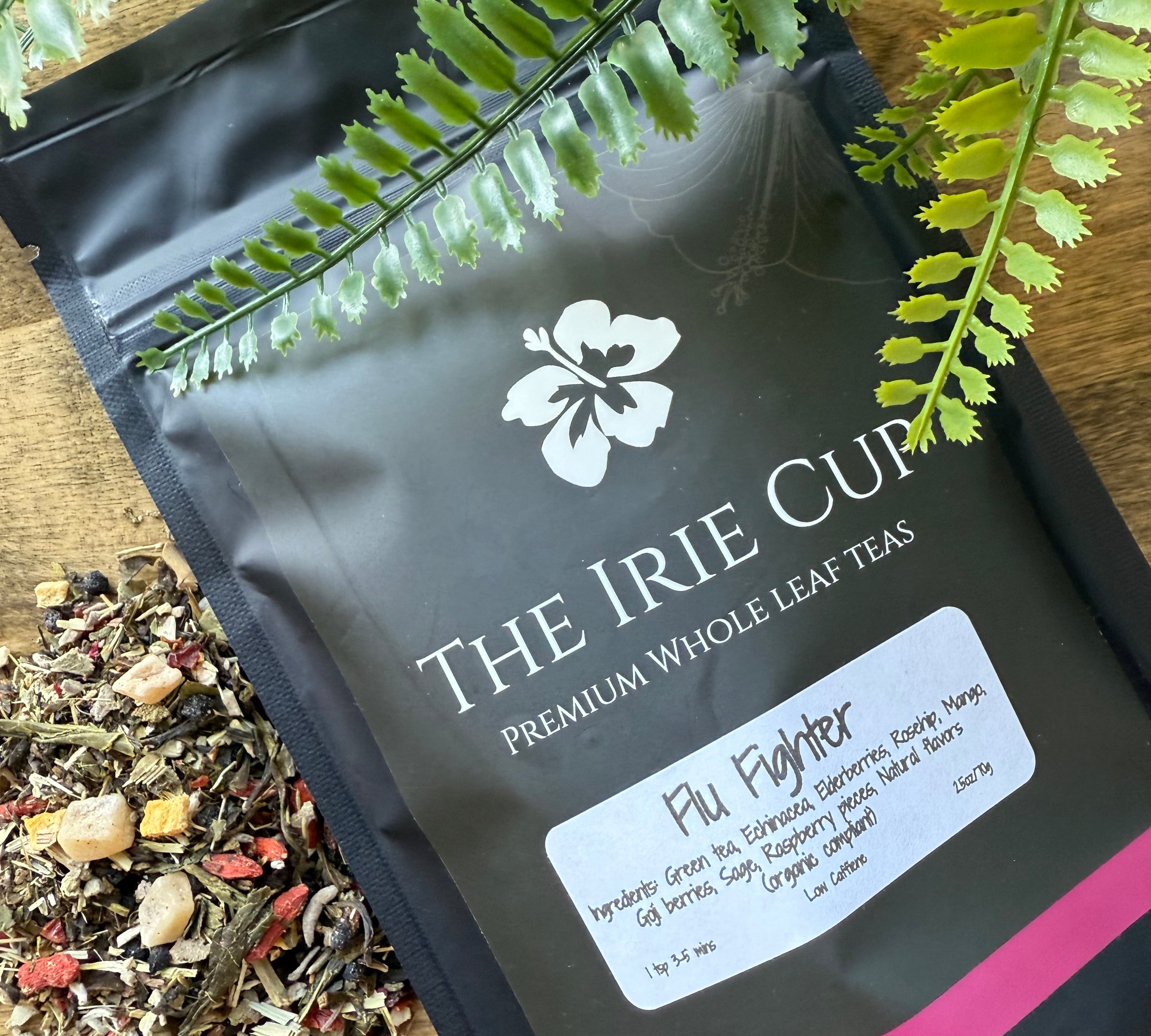 Tea packaging with visible brand name and tea leaves on a wooden surface
