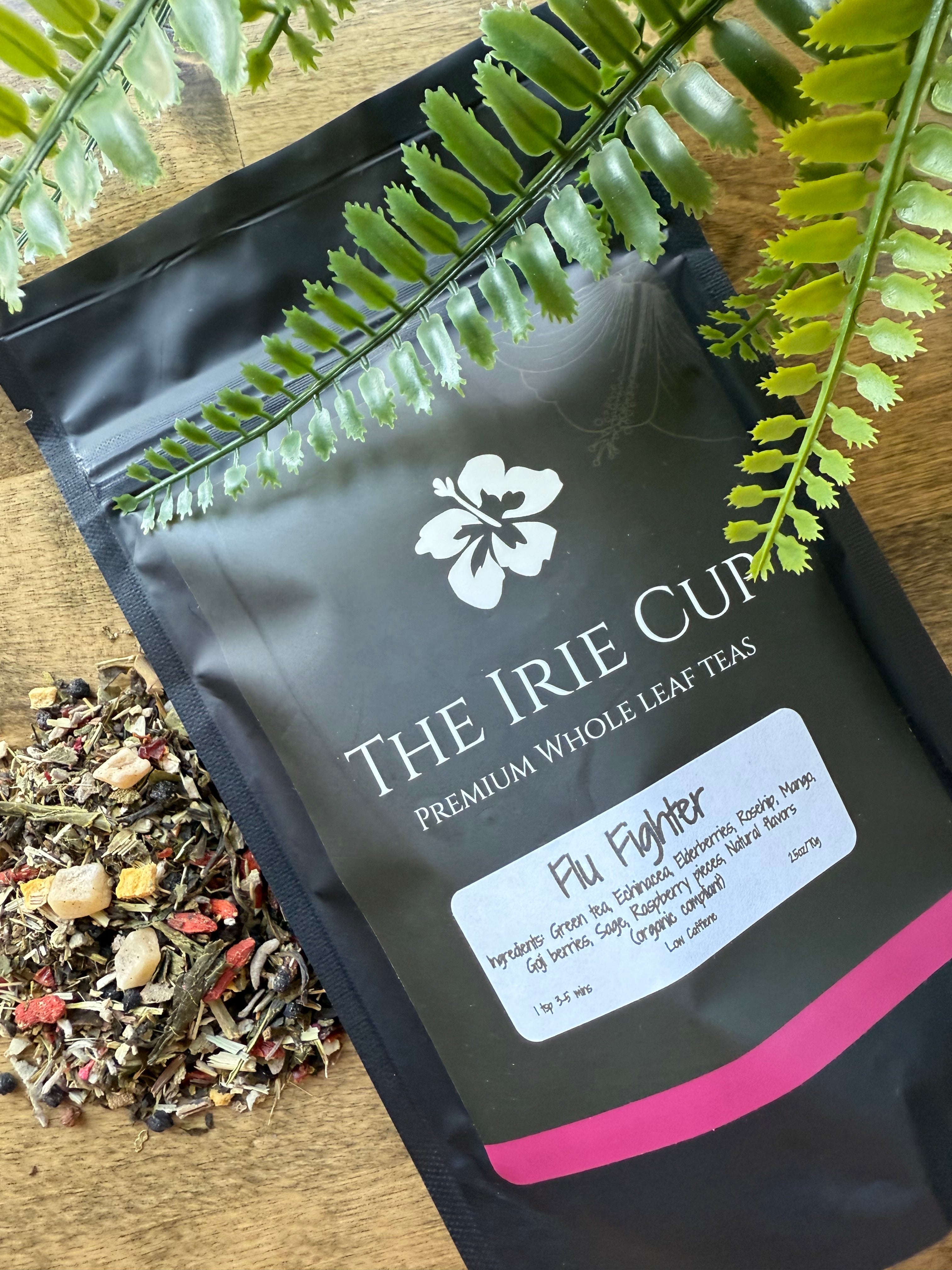 Tea packaging with visible brand name and tea leaves on a wooden surface