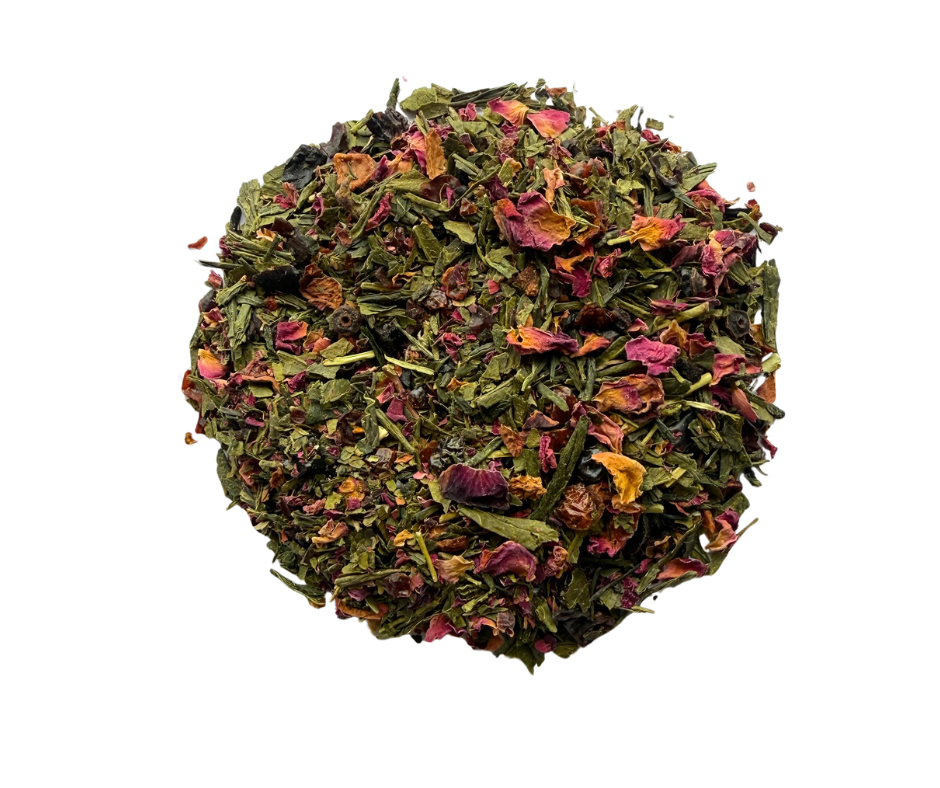Ball of mixed dried tea leaves on a white background