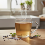 Steaming mug of tea on a wooden table with lavender flowers in a kitchen setting