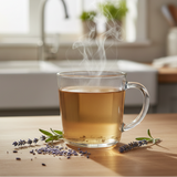 Steaming mug of tea on a wooden table with lavender flowers in a kitchen setting