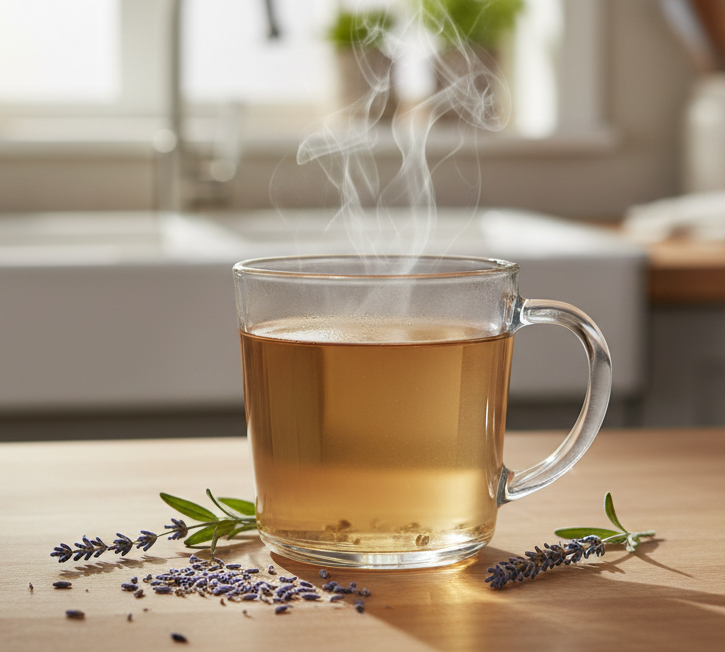 Steaming mug of tea on a wooden table with lavender flowers in a kitchen setting