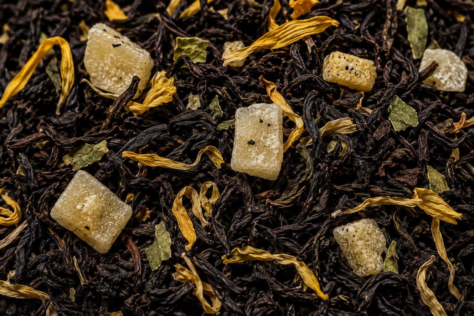 Close-up of black tea leaves with sugar cubes and herbs