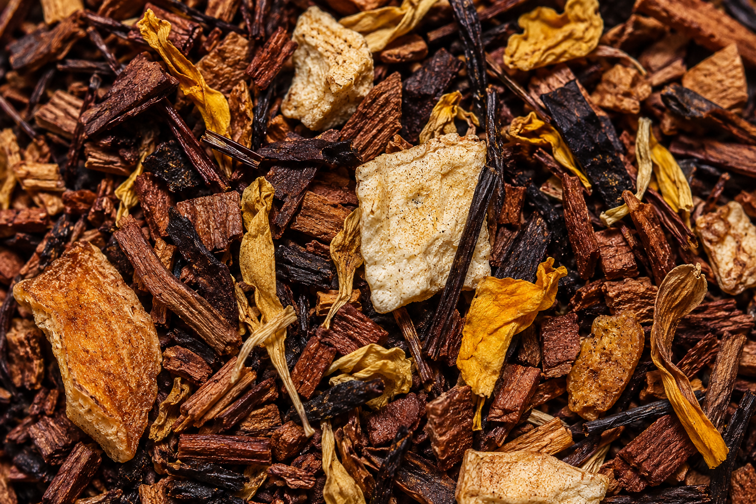 Close-up of dried tea leaves and herbs with a focus on texture and color.