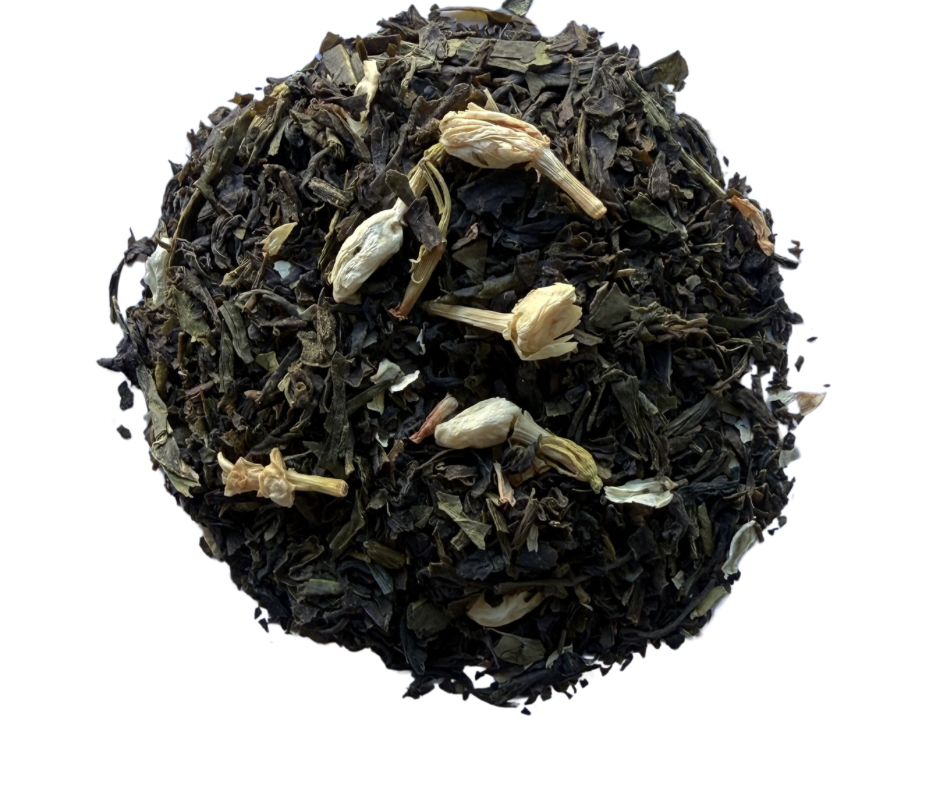 Tea ball with green tea leaves and dried flowers on a white background