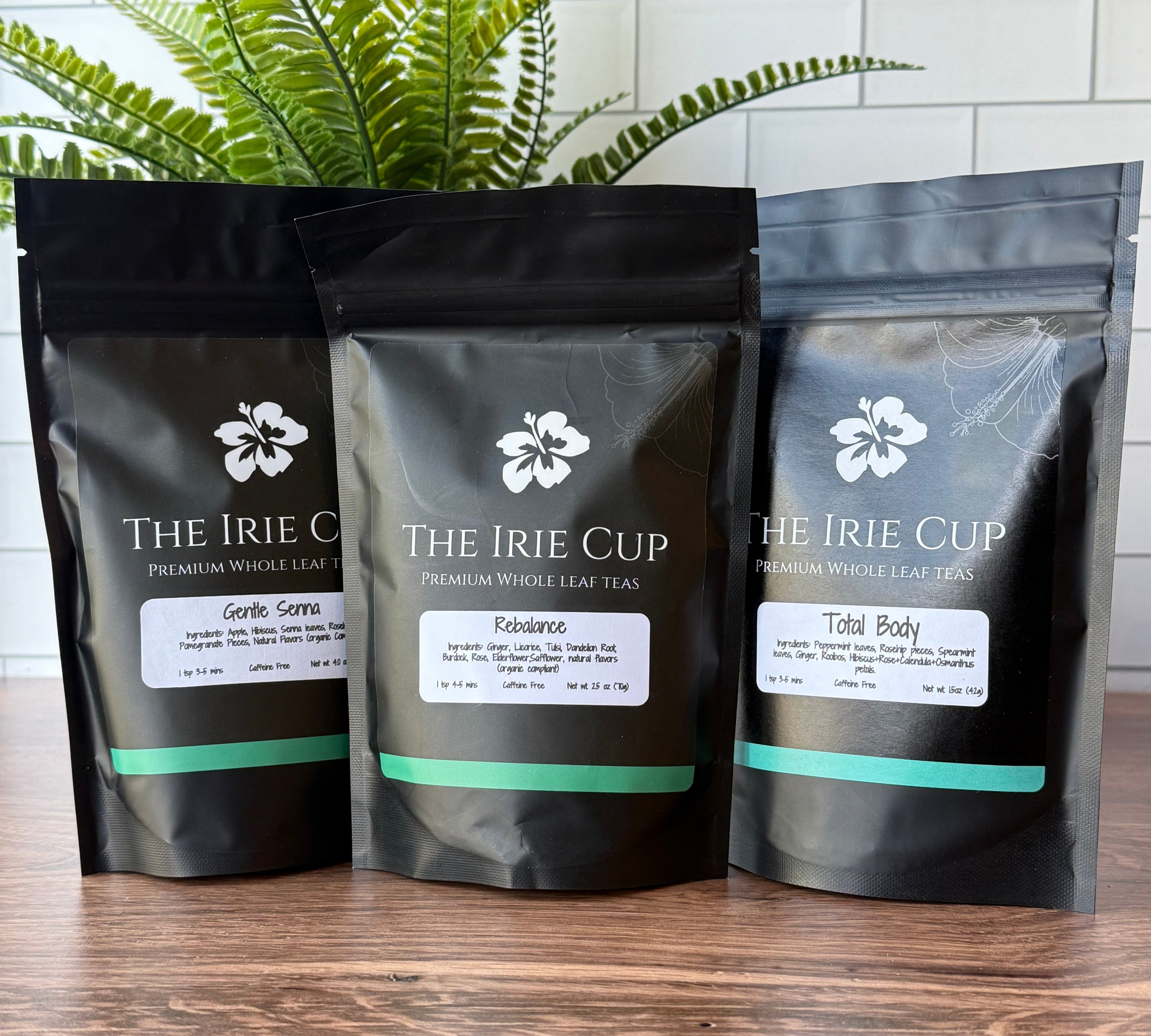 three black tea bags with rebalance, total body tea and gentle senna
