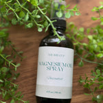 Three bottles of magnesium spray with labels in front of a green plant backdrop, two with spray nozzles visible and one with a dropper.
