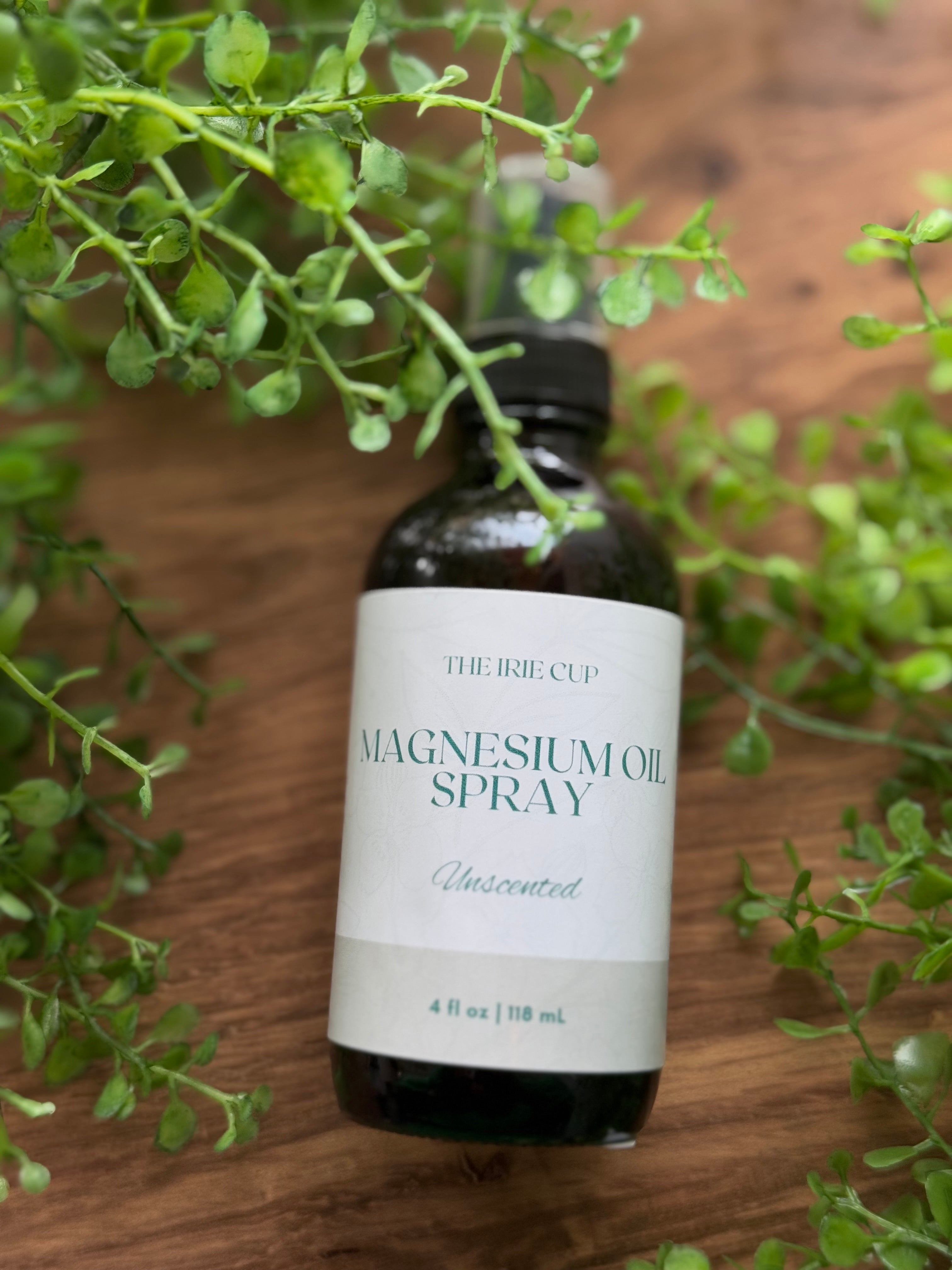 Three bottles of magnesium spray with labels in front of a green plant backdrop, two with spray nozzles visible and one with a dropper.
