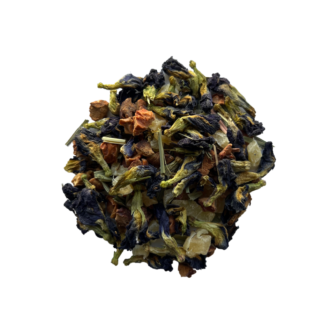 A dried herbal tea blend featuring lemongrass, apple pieces, and butterfly pea flower, with a vibrant blue hue from the butterfly pea flower.
