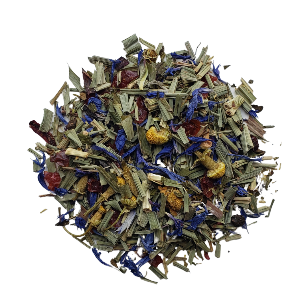 A mixture of dried herbs and flowers used for making Sweet Dreams herbal tea, including chamomile, peppermint, rosehip, and lemongrass.