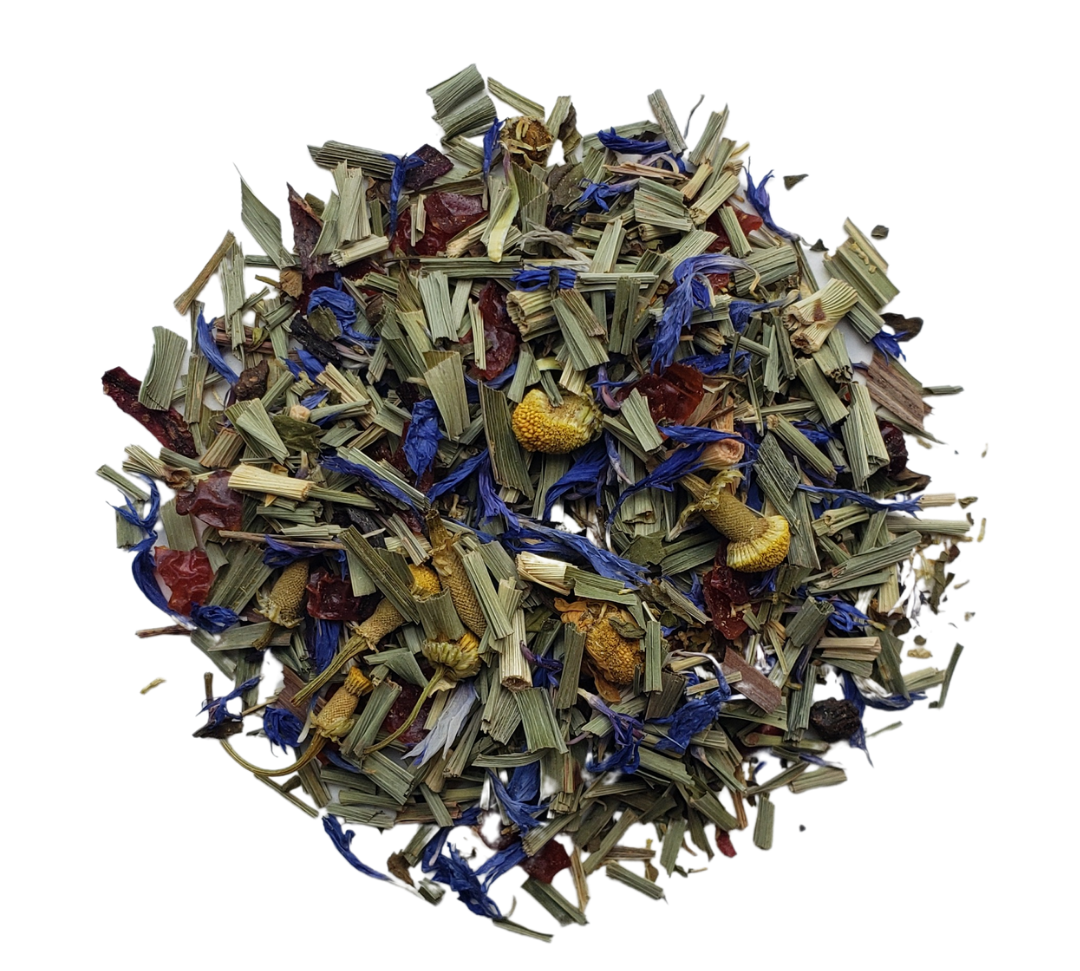A mixture of dried herbs and flowers used for making Sweet Dreams herbal tea, including chamomile, peppermint, rosehip, and lemongrass.