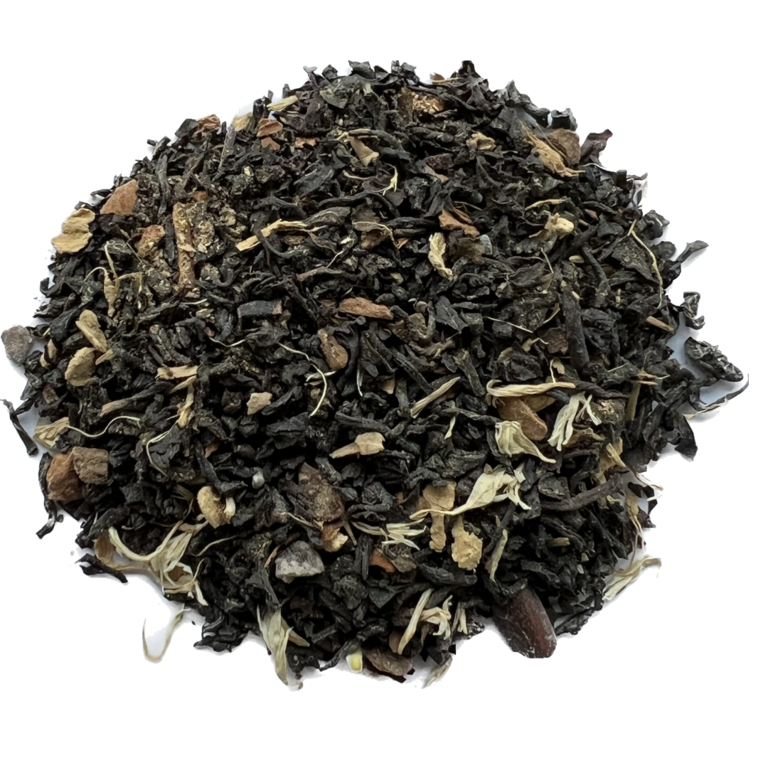 Chocolate Chai Tea in a cup, loose-leaf chai blend with cocoa and spices, spiced black tea with cinnamon and nutmeg.