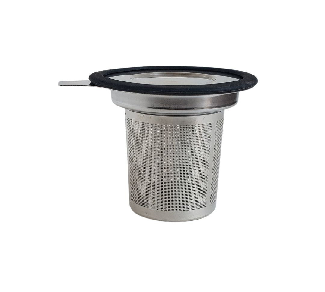 A stainless steel mesh infuser with a lid, designed for steeping loose leaf tea.